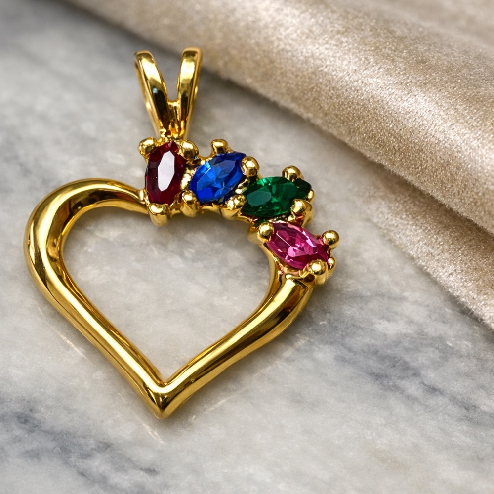 Gold Heart Pendant Charm Multi Color Gemstones VTG Style Rainbow Heart  Charm